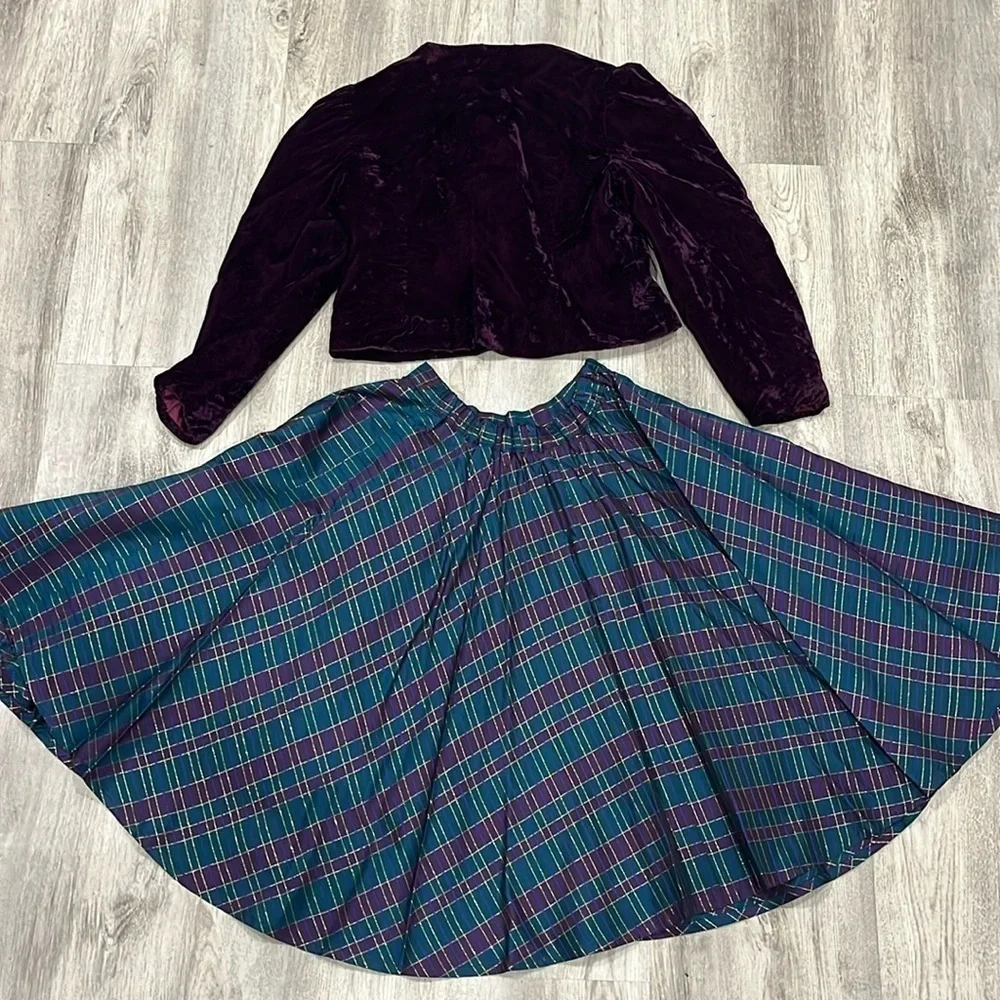 Handmade Vintage Holiday outfit 10/12 velvet cardigan and plaid skirt
